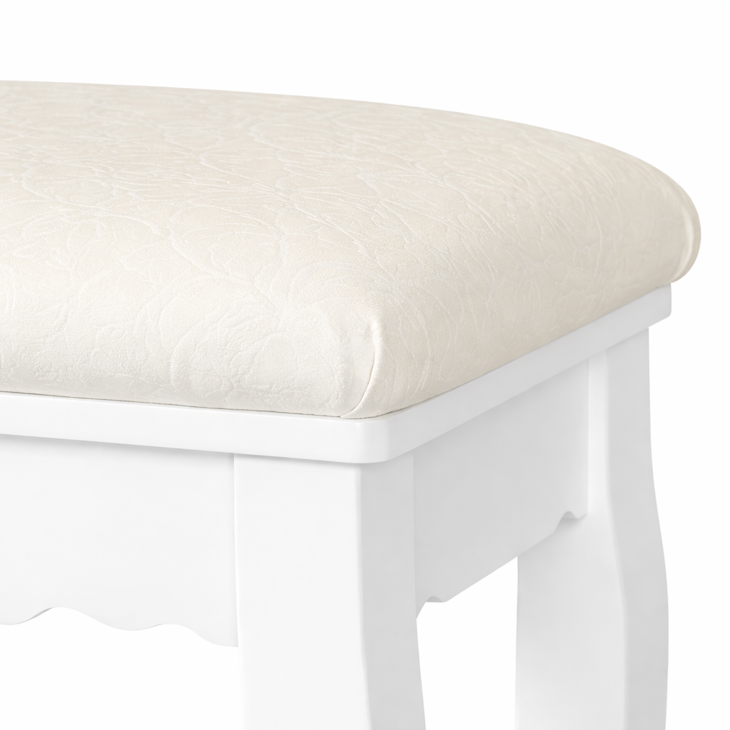 Tabouret velours blanc style baroque – siège élégant pour chambre ou coiffeuse