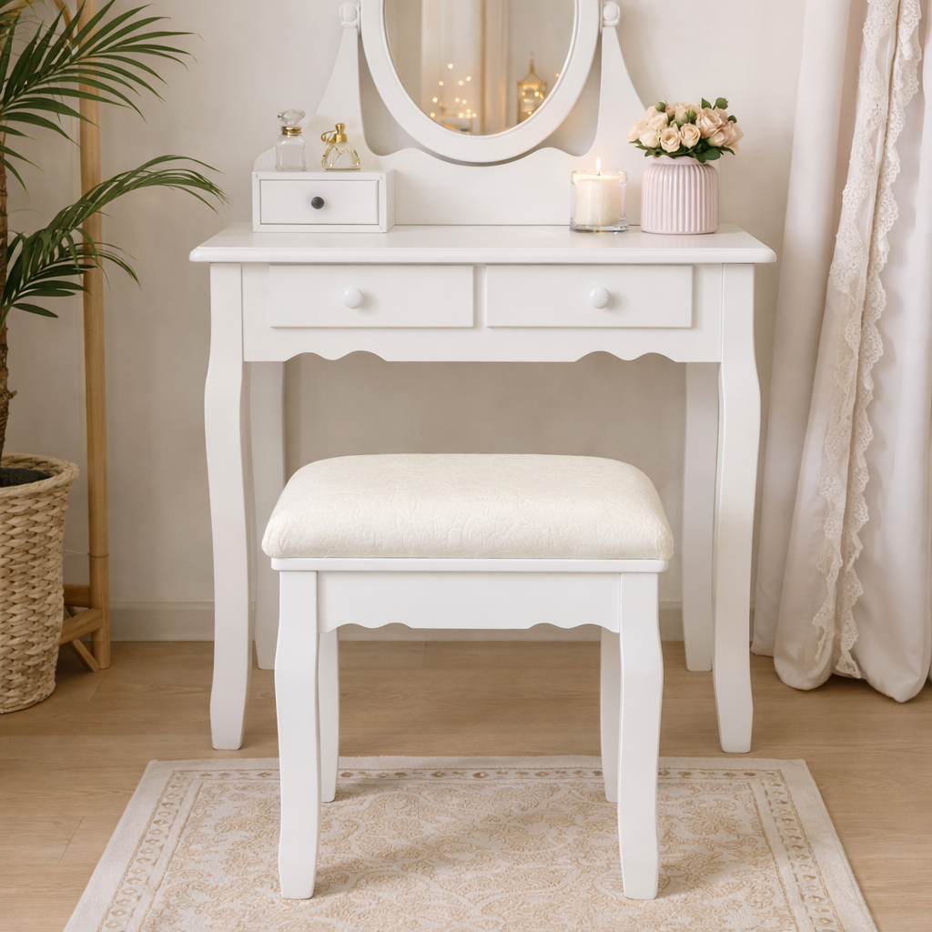 Tabouret velours blanc style baroque – siège élégant pour chambre ou coiffeuse