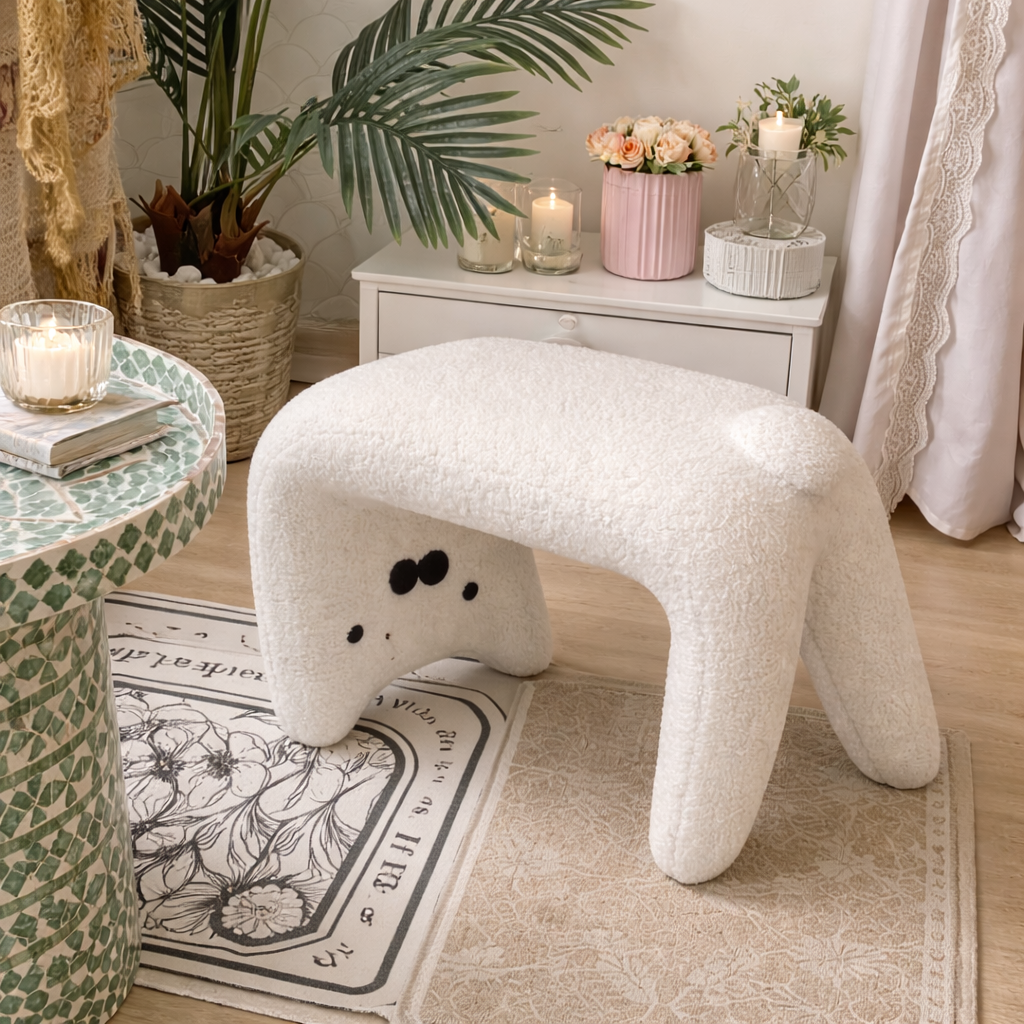 Tabouret en tissu peluche avec dossier – chaise d’appoint style coréen moderne