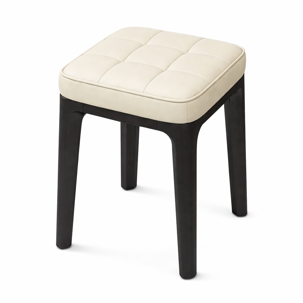 Tabouret carré en cuir beige avec pieds bois – siège moderne et élégant